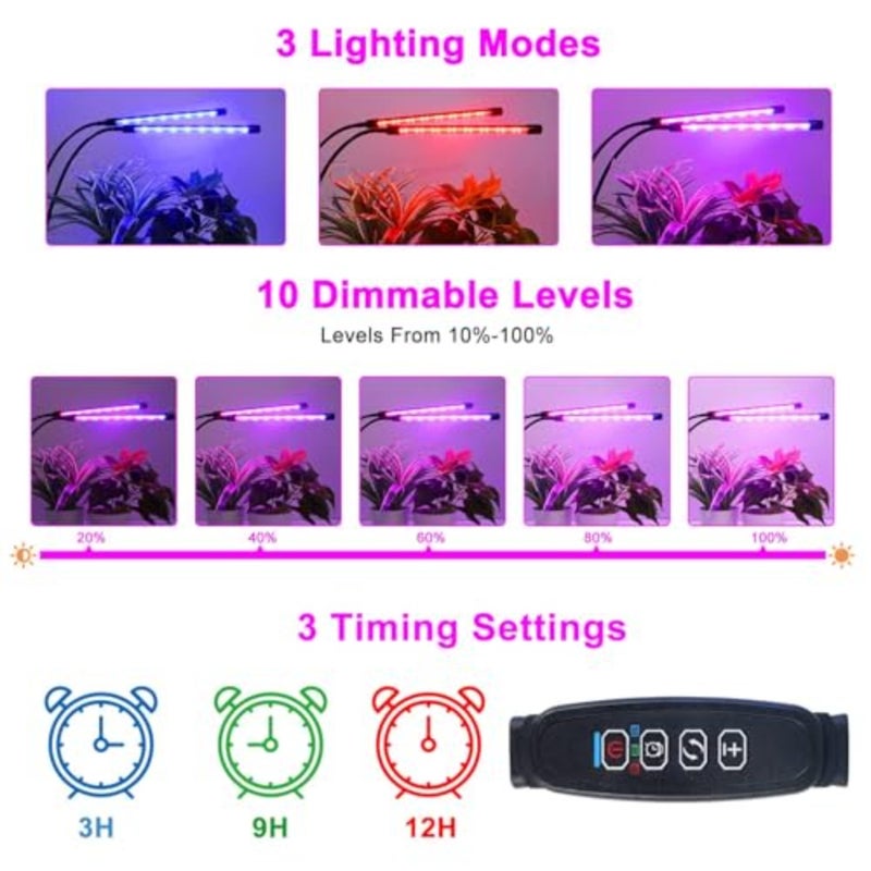 Plant Growing Lamp 2 Heads Red and Blue LED Grow Light Flexible Gooseneck for Indoor Plants 3/9/12H Timer 3 Spectral Modes 10 Dimmable Levels - Image 5