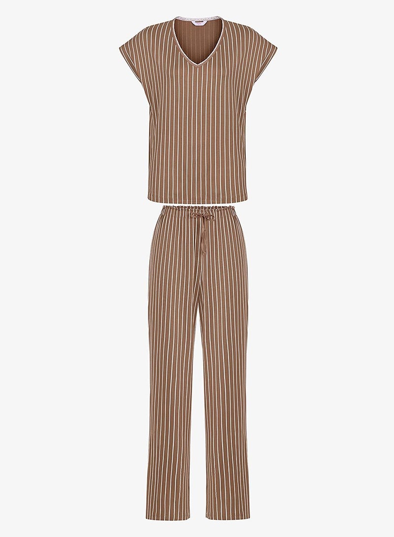 Penti Women's Viscose Lounge Hera Shorts Sleeve Pajama Set - Light Brown - Image 1