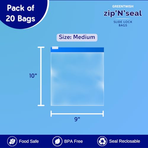 GREENTWISH Zip 'N' Seal (Pack of 20) Slider Zip Lock Bag for Food Storage, Freezer/Microwave Safe, Reusable LDPE Transparent Zipper Bag, Vegetable Bags For Fridge Storage | Size: Medium (9 x 10 Inch) - Image 2