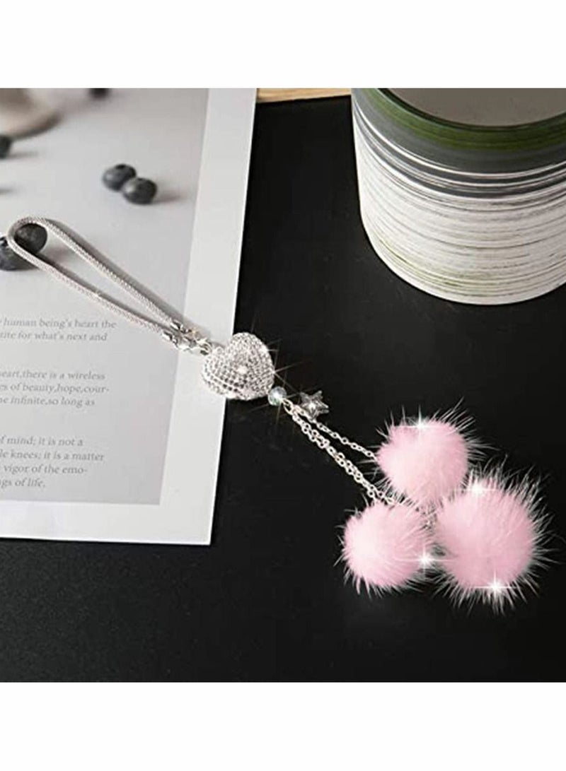Bling Car Mirror Accessories For Women And Men Love Heart Pink Plush Ball Rinestones Diamond Crystal Rear View Charms Lucky Hanging - Image 2