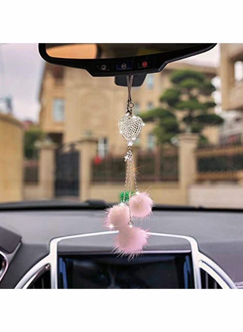 Bling Car Mirror Accessories For Women And Men Love Heart Pink Plush Ball Rinestones Diamond Crystal Rear View Charms Lucky Hanging - Image 4