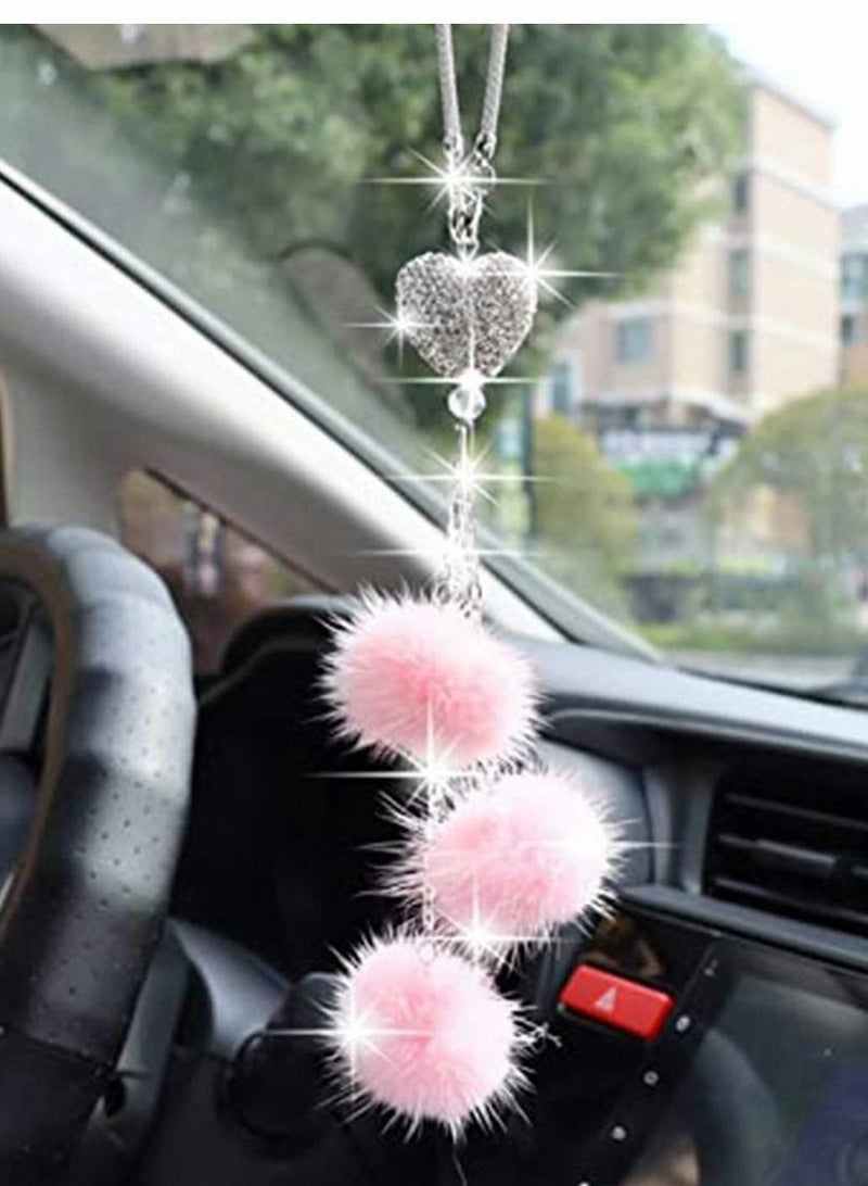 Bling Car Mirror Accessories For Women And Men Love Heart Pink Plush Ball Rinestones Diamond Crystal Rear View Charms Lucky Hanging - Image 1