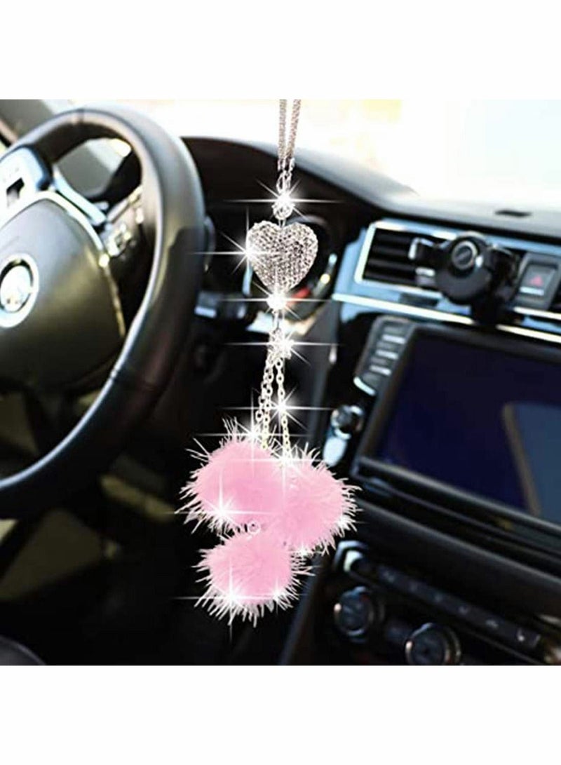Bling Car Mirror Accessories For Women And Men Love Heart Pink Plush Ball Rinestones Diamond Crystal Rear View Charms Lucky Hanging - Image 3