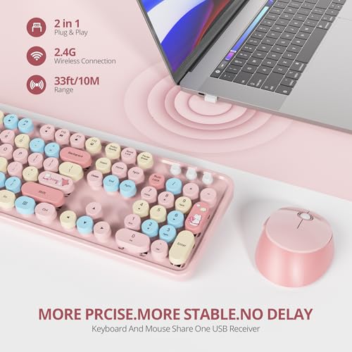 Owpkeenthy Pink Keyboard and Mouse Wireless, Cute Colorful Typewriter Keyboard Full-Sized with Number Pad Round Keycaps for Desktop, Laptop and Computer(Coloful Pink) - Image 2