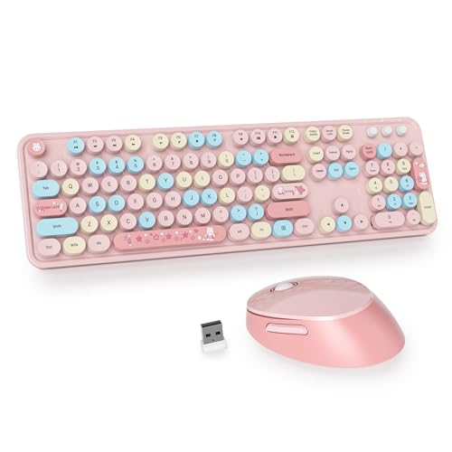 Owpkeenthy Pink Keyboard and Mouse Wireless, Cute Colorful Typewriter Keyboard Full-Sized with Number Pad Round Keycaps for Desktop, Laptop and Computer(Coloful Pink) - Image 1