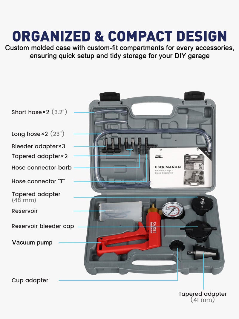 SMART JERRY - Brake Bleeder Kit with Hand Vacuum Pump | 17 Pcs Motorcycle Brake Fluid Bleeder Kit | Vacuum Brake Bleeder Tool with Pressure Gauge & Storage Case - Image 3