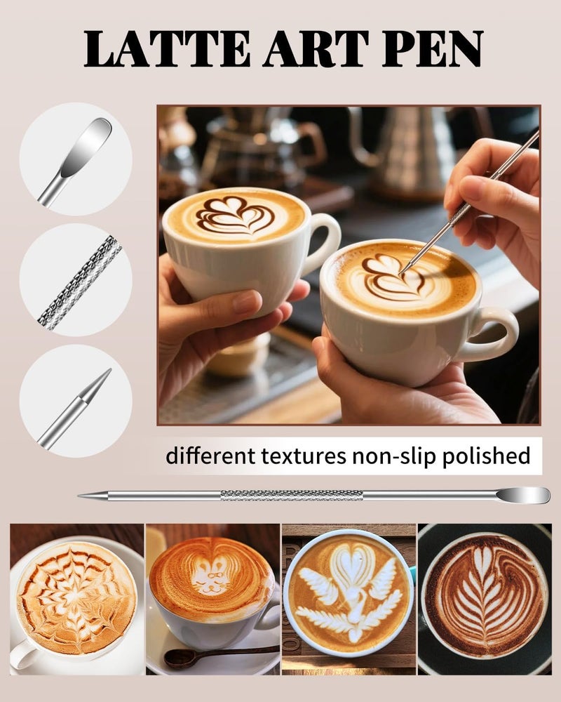PROKITCHEN Milk Frothing Pitcher 350ml/12oz Steaming Pitchers Stainless Steel Milk Cappuccino Coffee with Decorating Art Pen, Powder Shaker, 16 Pieces Coffee Decorating Stencils - Image 4
