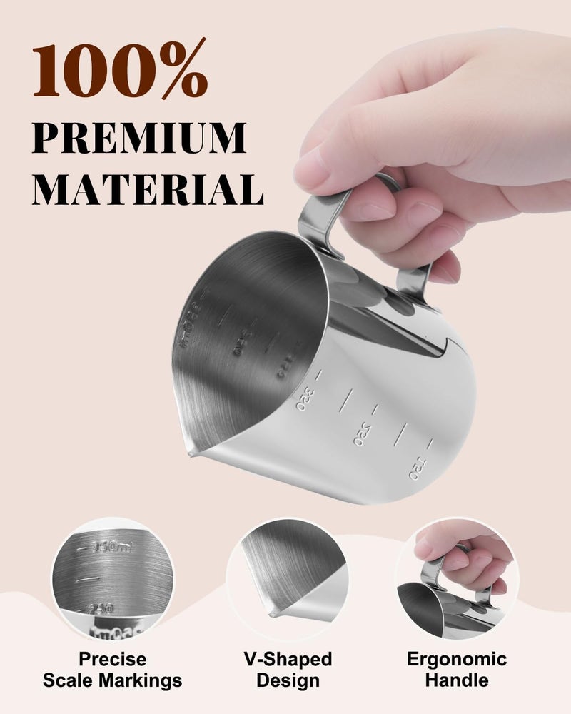 PROKITCHEN Milk Frothing Pitcher 350ml/12oz Steaming Pitchers Stainless Steel Milk Cappuccino Coffee with Decorating Art Pen, Powder Shaker, 16 Pieces Coffee Decorating Stencils - Image 2