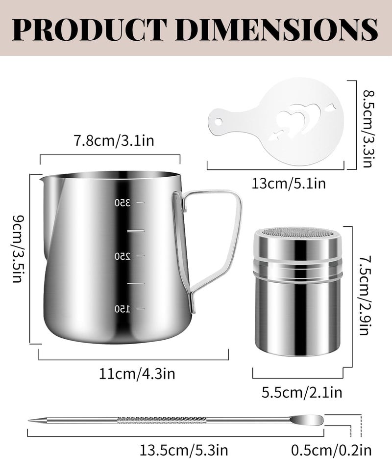 PROKITCHEN Milk Frothing Pitcher 350ml/12oz Steaming Pitchers Stainless Steel Milk Cappuccino Coffee with Decorating Art Pen, Powder Shaker, 16 Pieces Coffee Decorating Stencils - Image 3