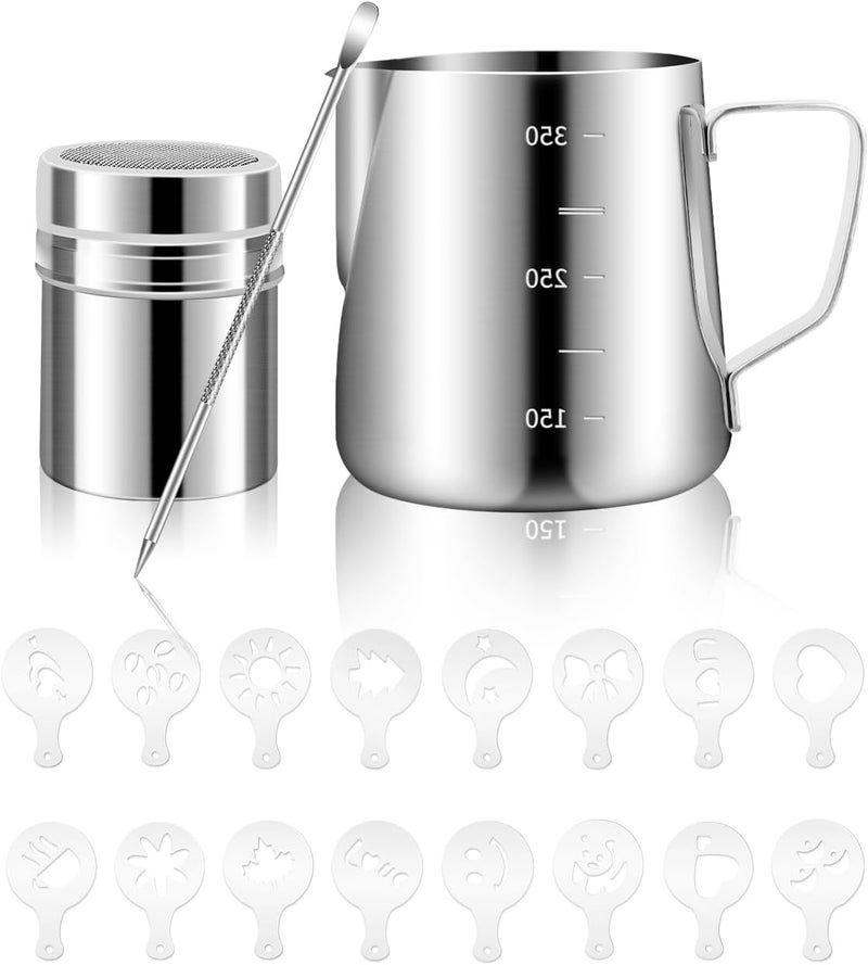 PROKITCHEN Milk Frothing Pitcher 350ml/12oz Steaming Pitchers Stainless Steel Milk Cappuccino Coffee with Decorating Art Pen, Powder Shaker, 16 Pieces Coffee Decorating Stencils - Image 1