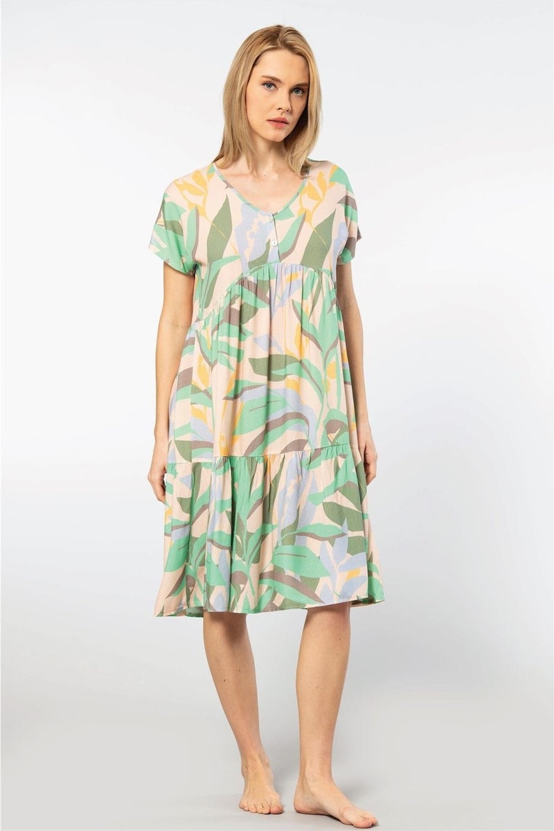 T-REN 3602 Women's Short Sleeve Woven Flared Dress-Green  - Image 1