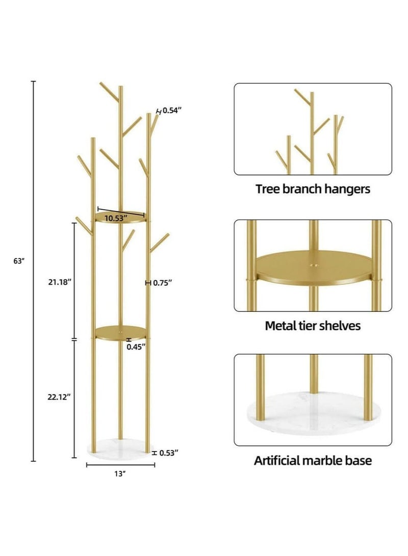 YQbest حاملات المعاطف المستقلة مع 3 رفوف تخزين، حاملات المعاطف المعدنية مع 9 خطافات، حامل المعاطف مع قاعدة رخامية ثقيلة، حامل المعاطف في المدخل، حاملات الحقائب (أسود) - Image 5
