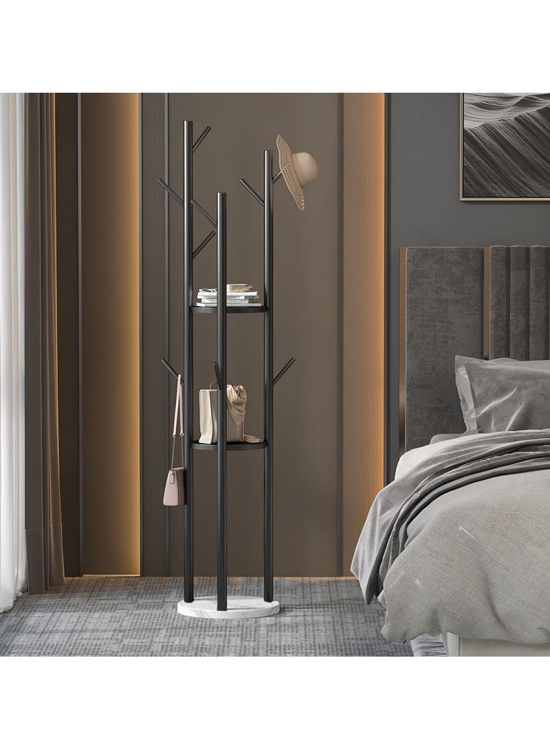 YQbest حاملات المعاطف المستقلة مع 3 رفوف تخزين، حاملات المعاطف المعدنية مع 9 خطافات، حامل المعاطف مع قاعدة رخامية ثقيلة، حامل المعاطف في المدخل، حاملات الحقائب (أسود) - Image 2