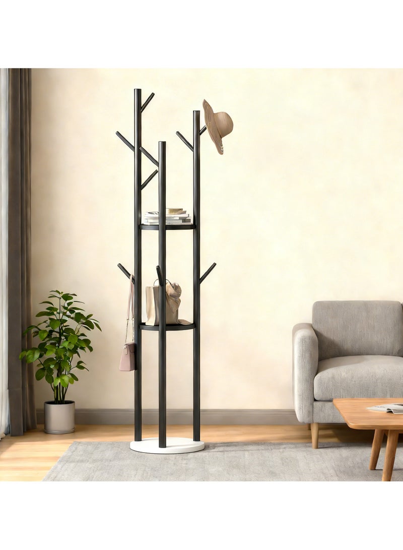 YQbest حاملات المعاطف المستقلة مع 3 رفوف تخزين، حاملات المعاطف المعدنية مع 9 خطافات، حامل المعاطف مع قاعدة رخامية ثقيلة، حامل المعاطف في المدخل، حاملات الحقائب (أسود) - Image 1