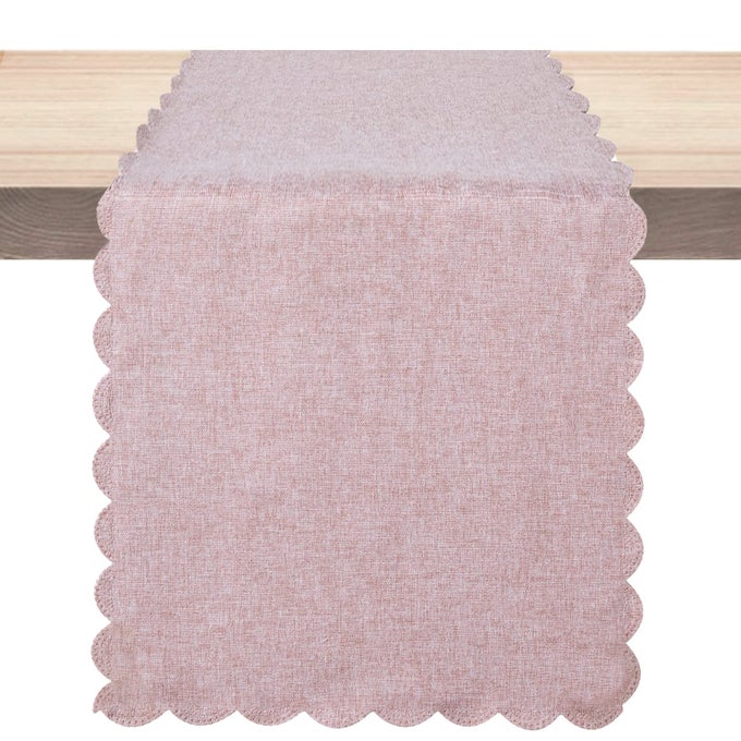TABLE RUNNER 13 X 72 INCHES LONG COTTON LINEN FARMHOUSE SCALLOP STYLE PINK TABLE LINEN FOR KITCHEN DINING COFFEE TABLE PARTIES WEDDING HOME DECOR 13 X 72 PINK