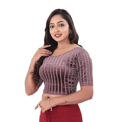 DESI GIRL - Round Neck Regular Fit Velvet Saree Blouse for Women | Half Sleeve Readymade Zari Design Festive Blouse Perfect for Saree, Lehenga, Kurti | Dusty Rose - 32 - Image 2