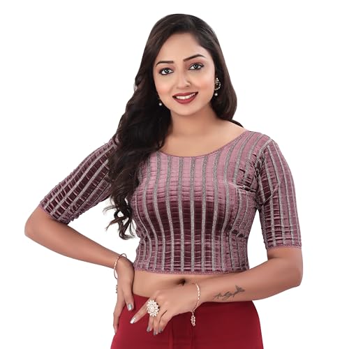 DESI GIRL - Round Neck Regular Fit Velvet Saree Blouse for Women | Half Sleeve Readymade Zari Design Festive Blouse Perfect for Saree, Lehenga, Kurti | Dusty Rose - 32 - Image 1