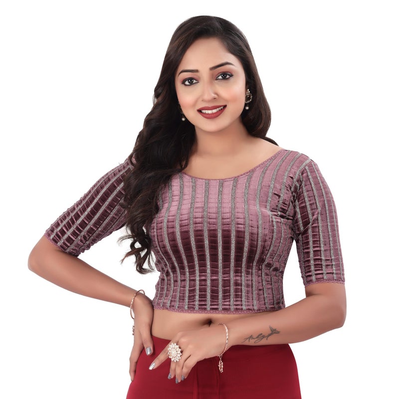 DESI GIRL - Round Neck Regular Fit Velvet Saree Blouse for Women | Half Sleeve Readymade Zari Design Festive Blouse Perfect for Saree, Lehenga, Kurti | Dusty Rose - 32 - Image 5