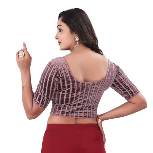 DESI GIRL - Round Neck Regular Fit Velvet Saree Blouse for Women | Half Sleeve Readymade Zari Design Festive Blouse Perfect for Saree, Lehenga, Kurti | Dusty Rose - 32 - Image 3