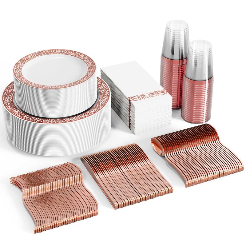 FOCUSLINE 350 Ct Rose Gold Dinnerware Set for 50 Guests Rose Gold Lace Plastic Plates Disposable Heavy Duty Including 50 Dinner  Dessert Plates Cups Napkins Cutlery Set