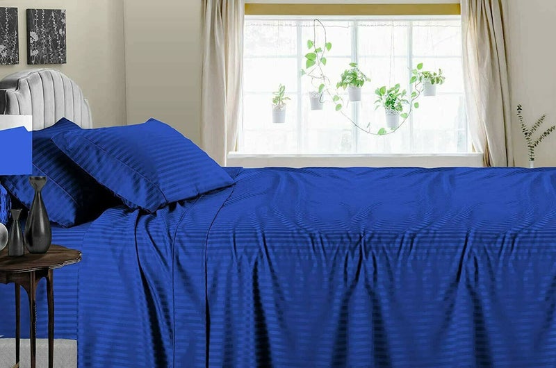 BALAJI EXPORT 600 TC Cotton Bedsheets with Pillow Cover 100 Cotton Bedsheets Breathable Soft Touch Skin Friendly 3 Piece Flat Bedsheet Set Royal Blue Stripe King Size  - Image 2