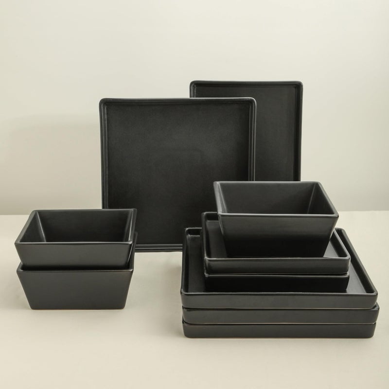 Stone Lain Grace Square Stoneware Dinnerware Set, 12 Piece Service For 4, Plates and Bowls Dish Set, Black - Image 2