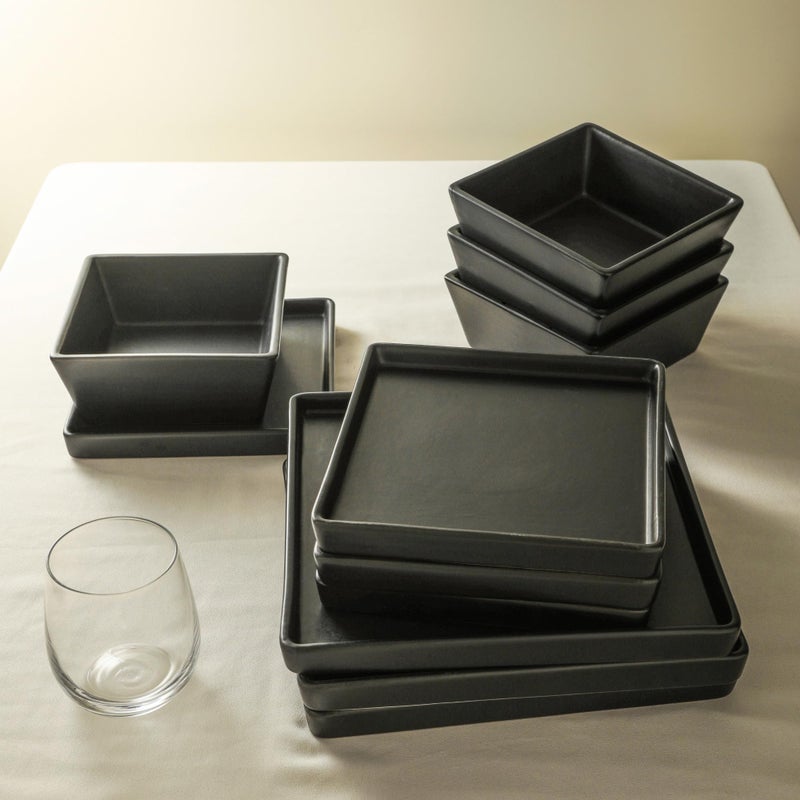Stone Lain Grace Square Stoneware Dinnerware Set, 12 Piece Service For 4, Plates and Bowls Dish Set, Black - Image 5