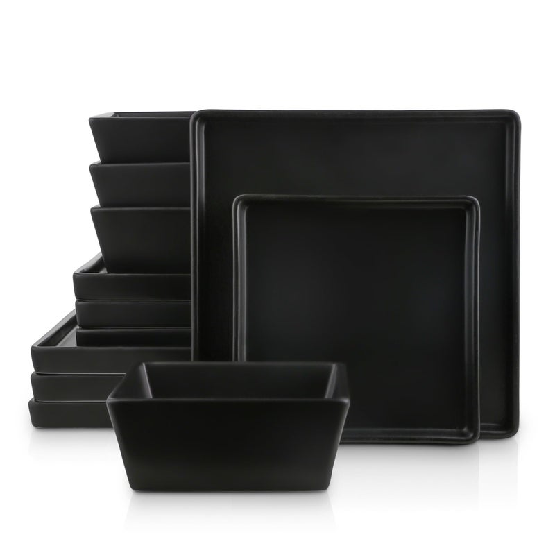 Stone Lain Grace Square Stoneware Dinnerware Set, 12 Piece Service For 4, Plates and Bowls Dish Set, Black - Image 1