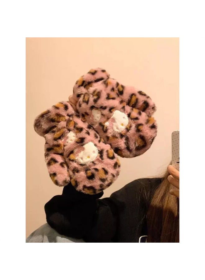 HelloKitty Plush Gloves Hello Kitty Leopard Full Finger Gloves Hanging Neck Women's Winter Cute Scarf Warm Scarf-Color:Apple Gloves - One Size - Image 2