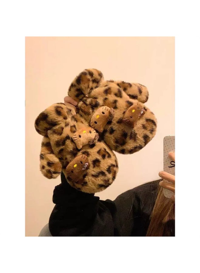 HelloKitty Plush Gloves Hello Kitty Leopard Full Finger Gloves Hanging Neck Women's Winter Cute Scarf Warm Scarf-Color:Apple Gloves - One Size - Image 3