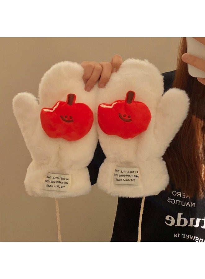 HelloKitty Plush Gloves Hello Kitty Leopard Full Finger Gloves Hanging Neck Women's Winter Cute Scarf Warm Scarf-Color:Apple Gloves - One Size - Image 1