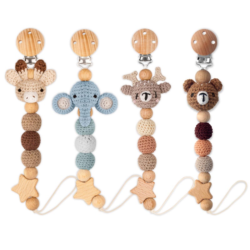 LSTRAGY Handmade Knitted Christmas Pacifier Clip Holder for Boys and Girls,4 PCS Binky Clip Fits for Most Baby Pacifier - Image 1