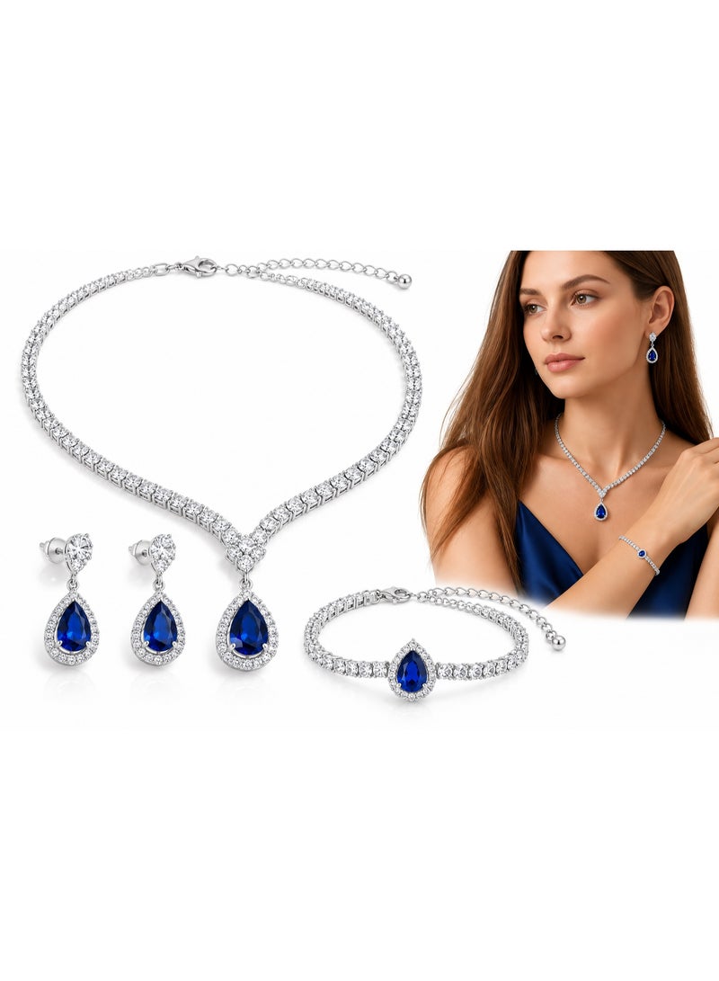 veya Women’s Silver-Tone Crystal Jewelry Set with Elegant Teardrop Design – Necklace, Earrings and Bracelet for Parties & Special Occasions - Image 1