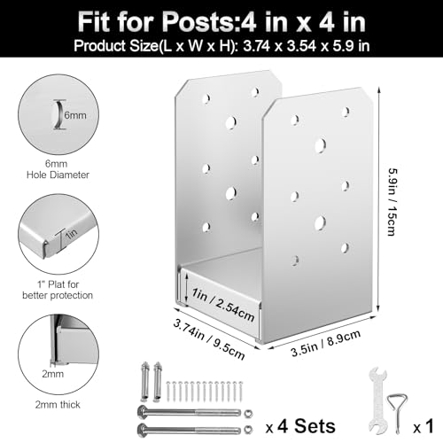 FMhotu 4"x 4" Post Base, 4Pcs Stainless Steel Adjustable Post Anchor Bracket(Internal 3.5 x 3.5), Adjustable Post Base for Pavilion Deck Porch Handrail Railing Support Decorative Anchor Plate - Image 2