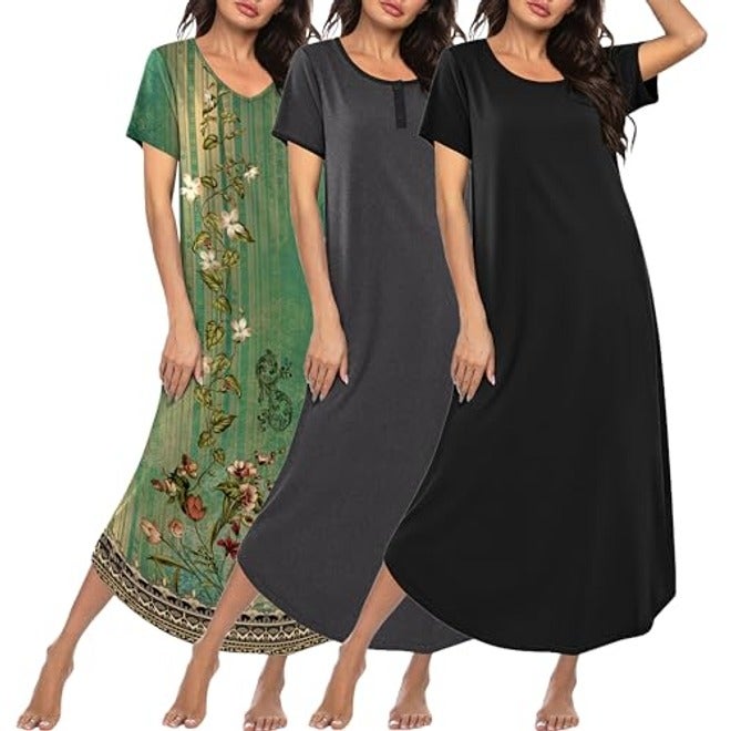 Ekouaer Women's 3-Pack Long Nightgowns Plus Size Soft Moo Moo Sleepwear Short Sleeve House Dress