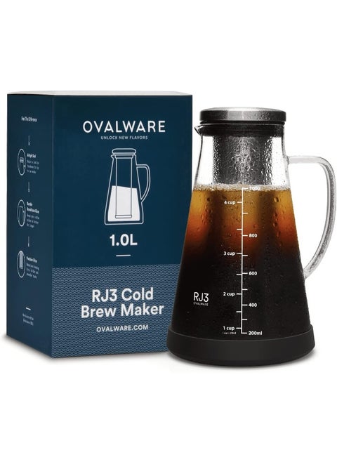 Airtight Cold Brew Iced Coffee Maker And Tea Infuser With Spout - 1.0L / 1010Ml  Rj3 Brewing Glass Carafe With Removable Stainless Steel Filter