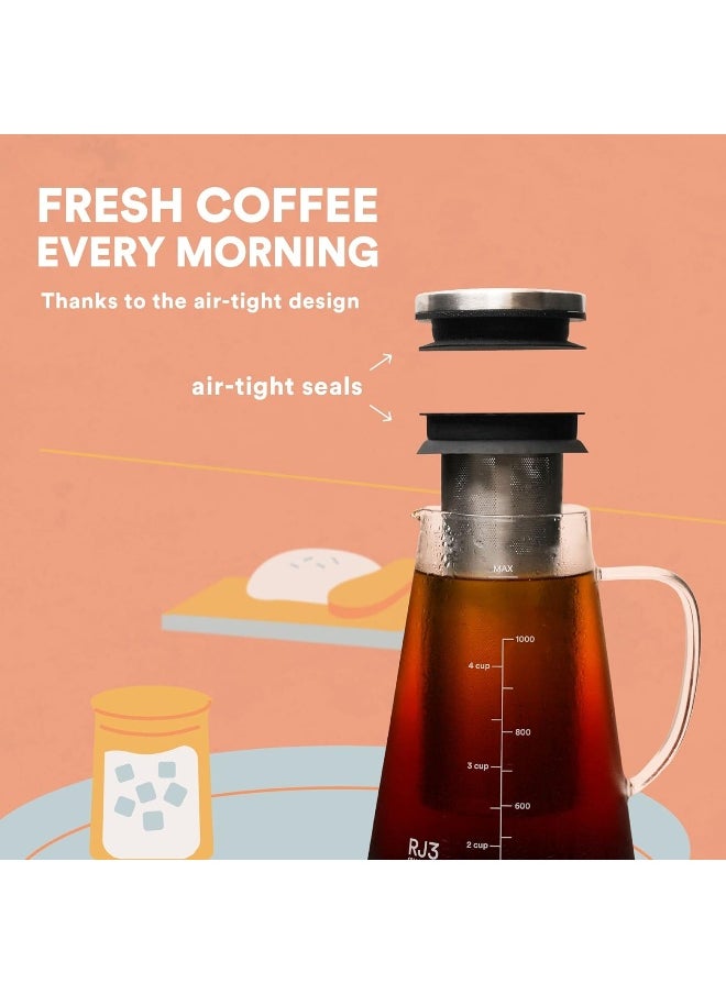 Airtight Cold Brew Iced Coffee Maker And Tea Infuser With Spout - 1.0L / 1010Ml  Rj3 Brewing Glass Carafe With Removable Stainless Steel Filter