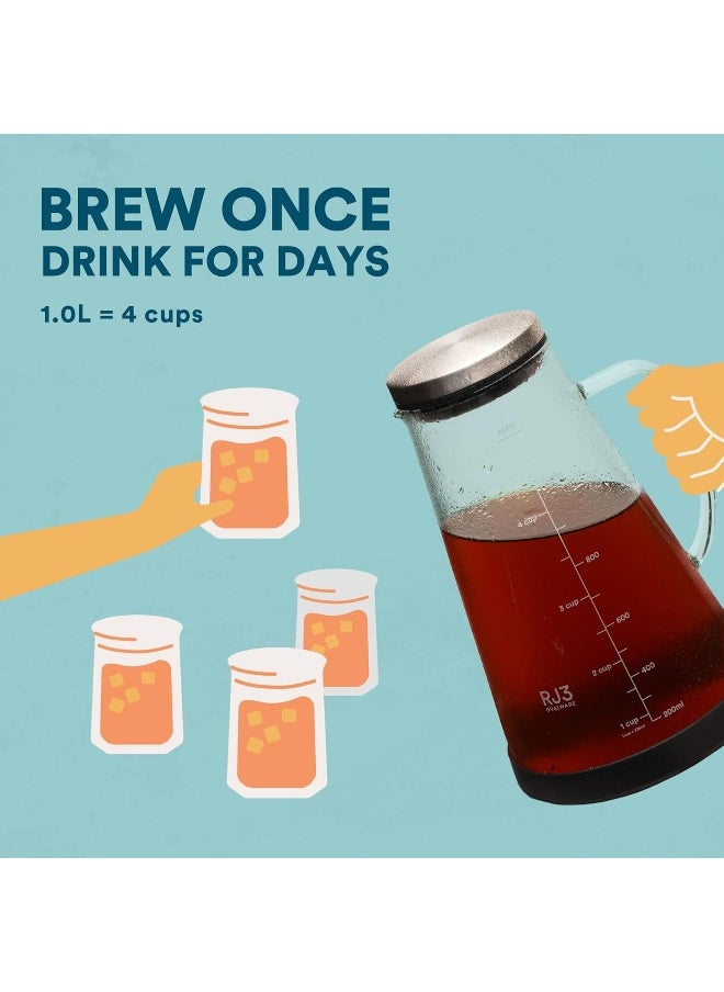 Airtight Cold Brew Iced Coffee Maker And Tea Infuser With Spout - 1.0L / 1010Ml  Rj3 Brewing Glass Carafe With Removable Stainless Steel Filter