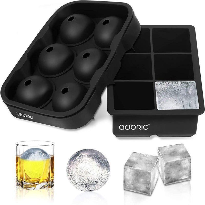 Adoric Ice Cube Tray, Large Square Ice Tray and Sphere Ice Ball Maker with Lid for Whiskey and Homemade, Reusable,Easy Demold (Silicone Ice Cube Molds Set of 2) - Image 1
