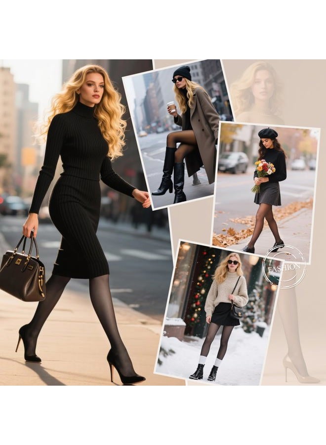HONGTEYA Fleece Lined Tights Women Winter Thermal Leggings Pantyhose Fake Translucent Thick Warm Sheer Tights, Translucent Black, L - Image 3