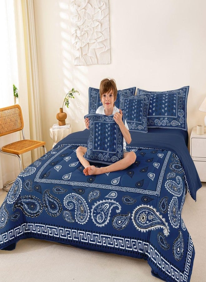 Man Fei Manfei Navy Blue Bandana 7pcs Comforter Set King Size,Boho Paisley Bandanas Bedding Set for All Season,Bohemian Chic Floral Bed in A Bag with Sheets for Women Adults Room Decor,Boho Style Bed Set - Image 4