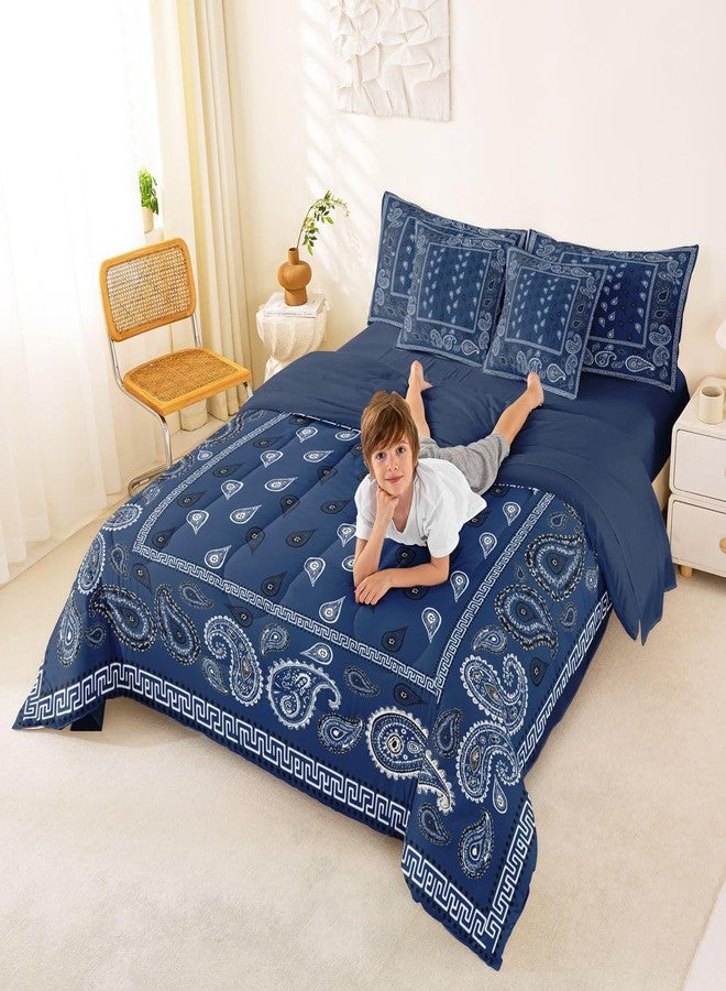 Man Fei Manfei Navy Blue Bandana 7pcs Comforter Set King Size,Boho Paisley Bandanas Bedding Set for All Season,Bohemian Chic Floral Bed in A Bag with Sheets for Women Adults Room Decor,Boho Style Bed Set - Image 5