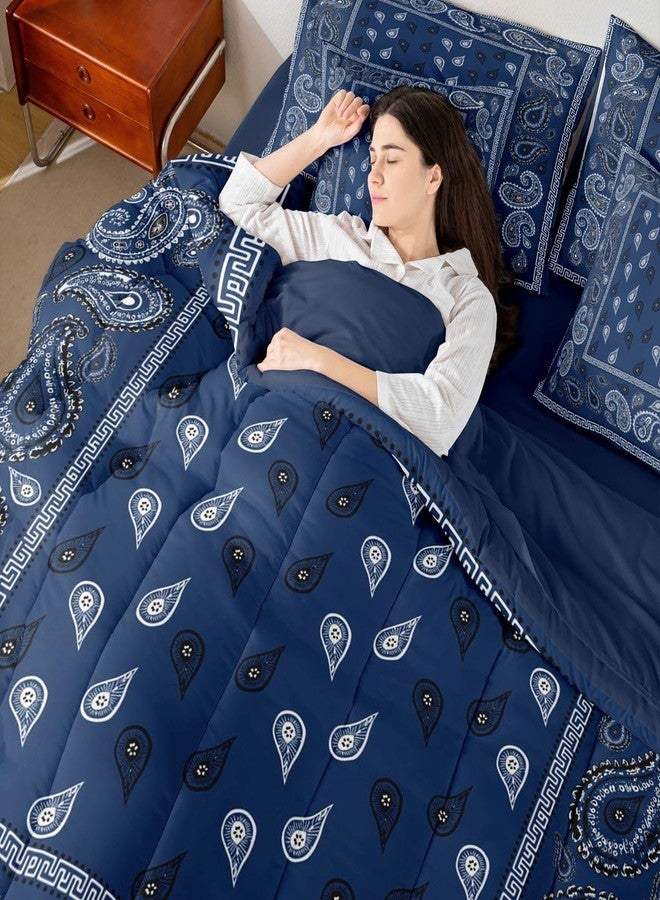 Man Fei Manfei Navy Blue Bandana 7pcs Comforter Set King Size,Boho Paisley Bandanas Bedding Set for All Season,Bohemian Chic Floral Bed in A Bag with Sheets for Women Adults Room Decor,Boho Style Bed Set - Image 3