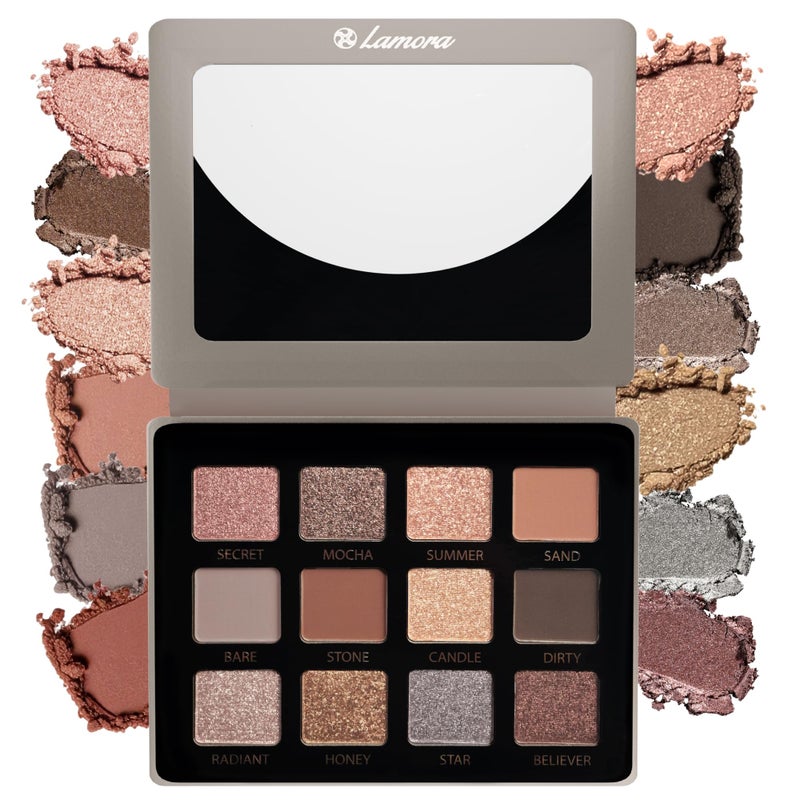 Lamora باليت ظلال العيون لامورا نيوود نيوترال 12 لون طبيعي عالي الصبغة مع لمعة ومات بحجم السفر مع مرآة
