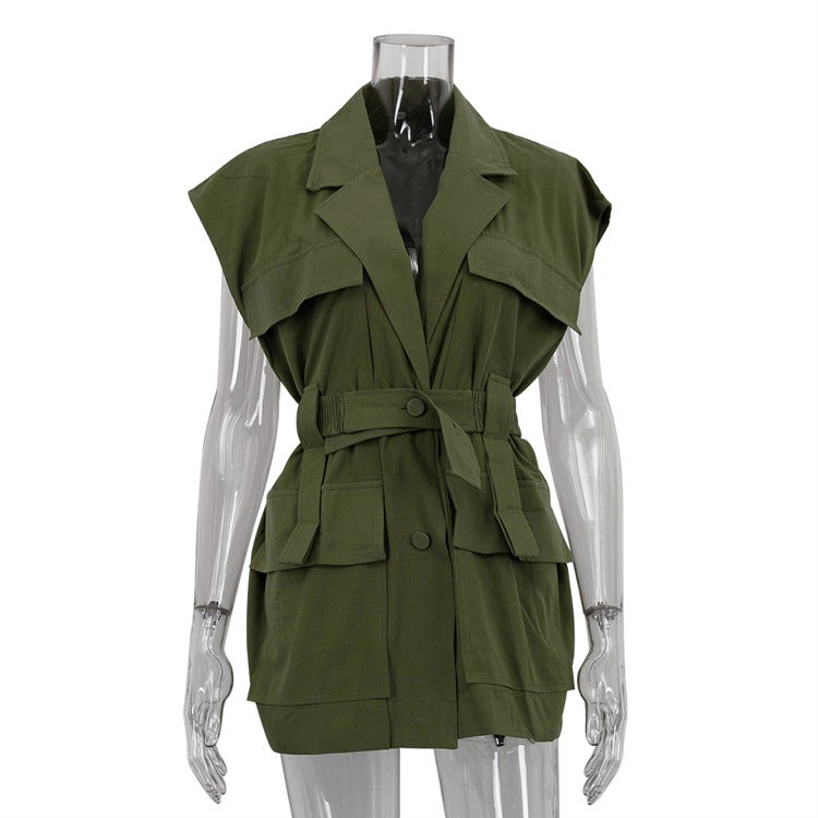 Women's Sleeveless Cargo Shirt with Pockets and Belt Loose Fit Top - Image 5