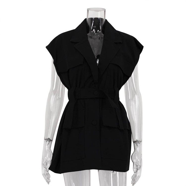 Women's Sleeveless Cargo Shirt with Pockets and Belt Loose Fit Top - Image 3