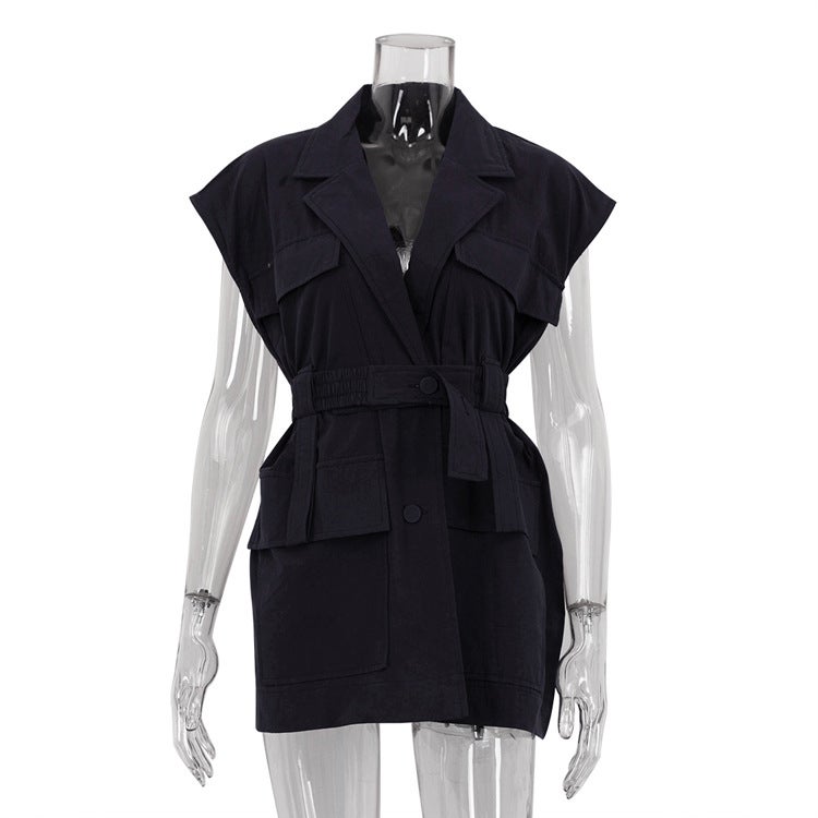 Women's Sleeveless Cargo Shirt with Pockets and Belt Loose Fit Top - Image 4
