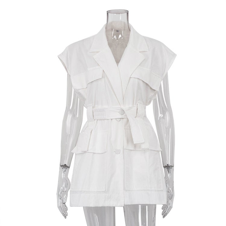 Women's Sleeveless Cargo Shirt with Pockets and Belt Loose Fit Top - Image 2