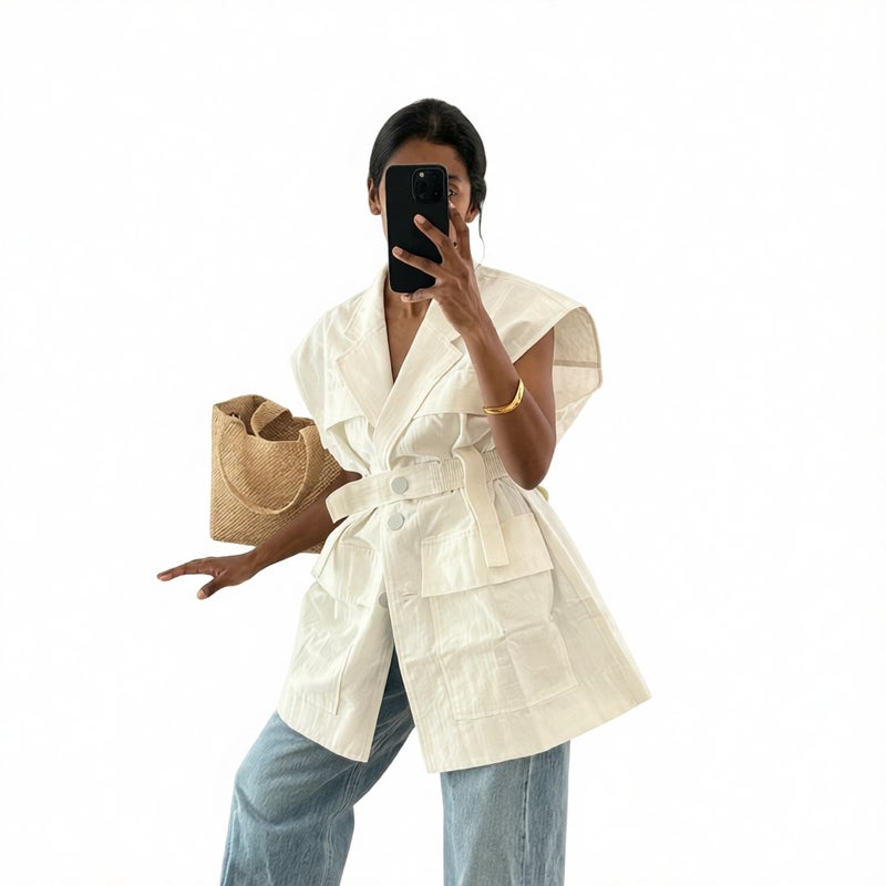 Women's Sleeveless Cargo Shirt with Pockets and Belt Loose Fit Top - Image 1