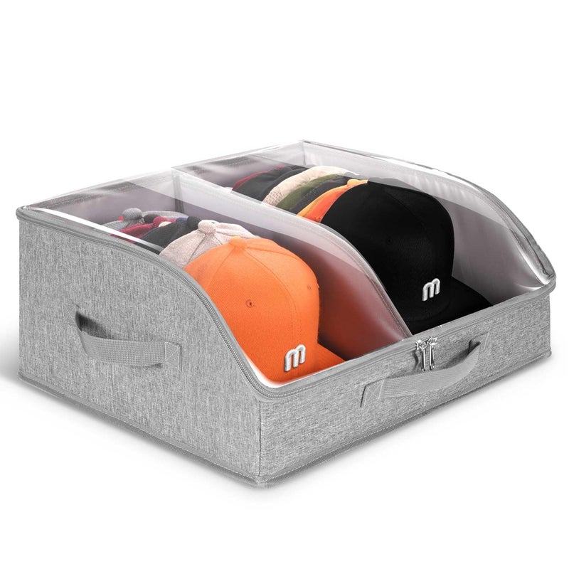 PANGTON Hat Organizer for Baseball Caps, 2 Compartments Clear Window Hat Storage Box for Closet Hold Up to 24 Caps, Hats Holder Container with Sturdy Cardboard for Home Storage | Gray - Image 3